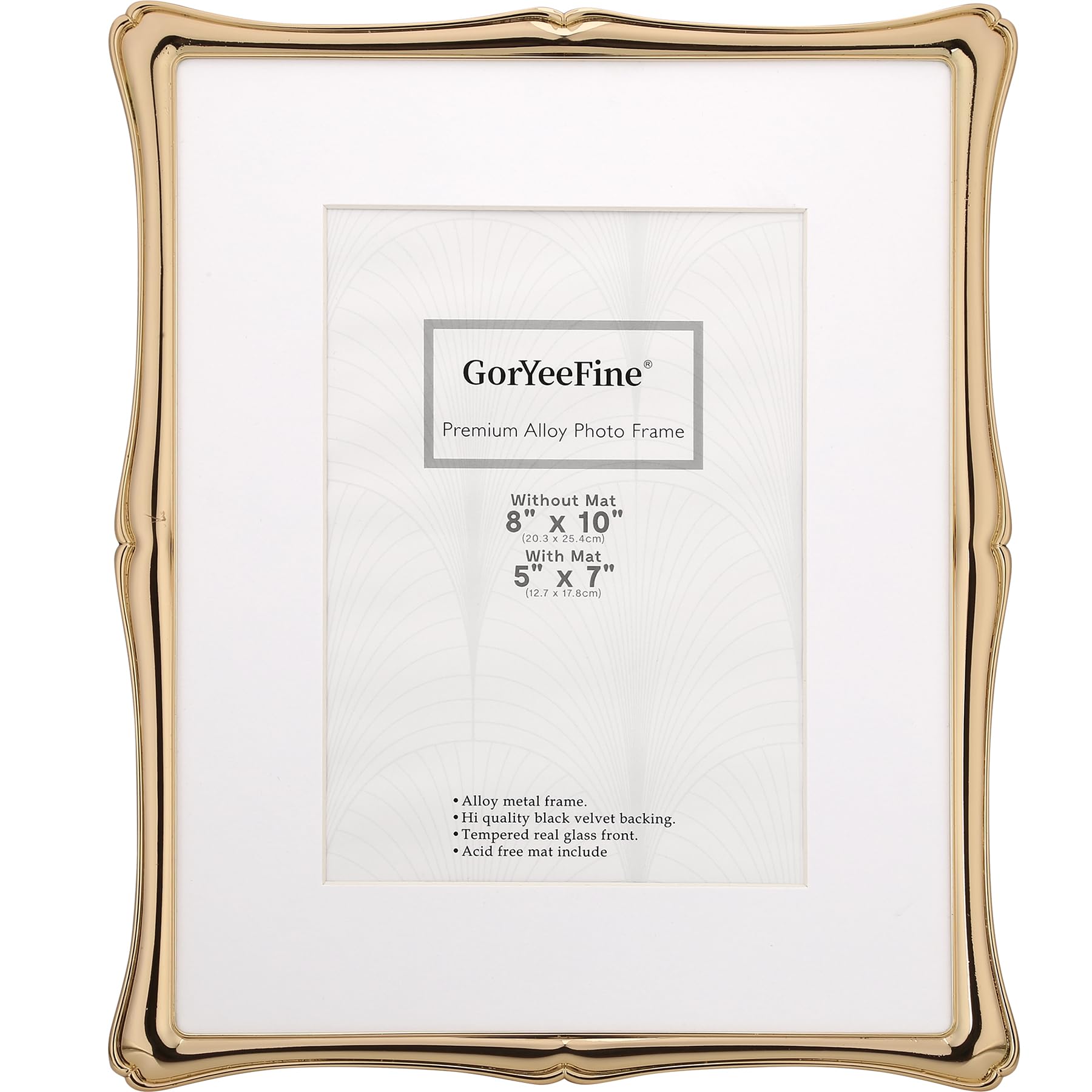 GorYeeFine 8x10'' Premium Alloy Gold Picture Frame with Acid Free Mat 5x7'',Hi-End Décor Metal Frames 5x7'' with Black Velvet Backing for Desktop Display and Wall Decor