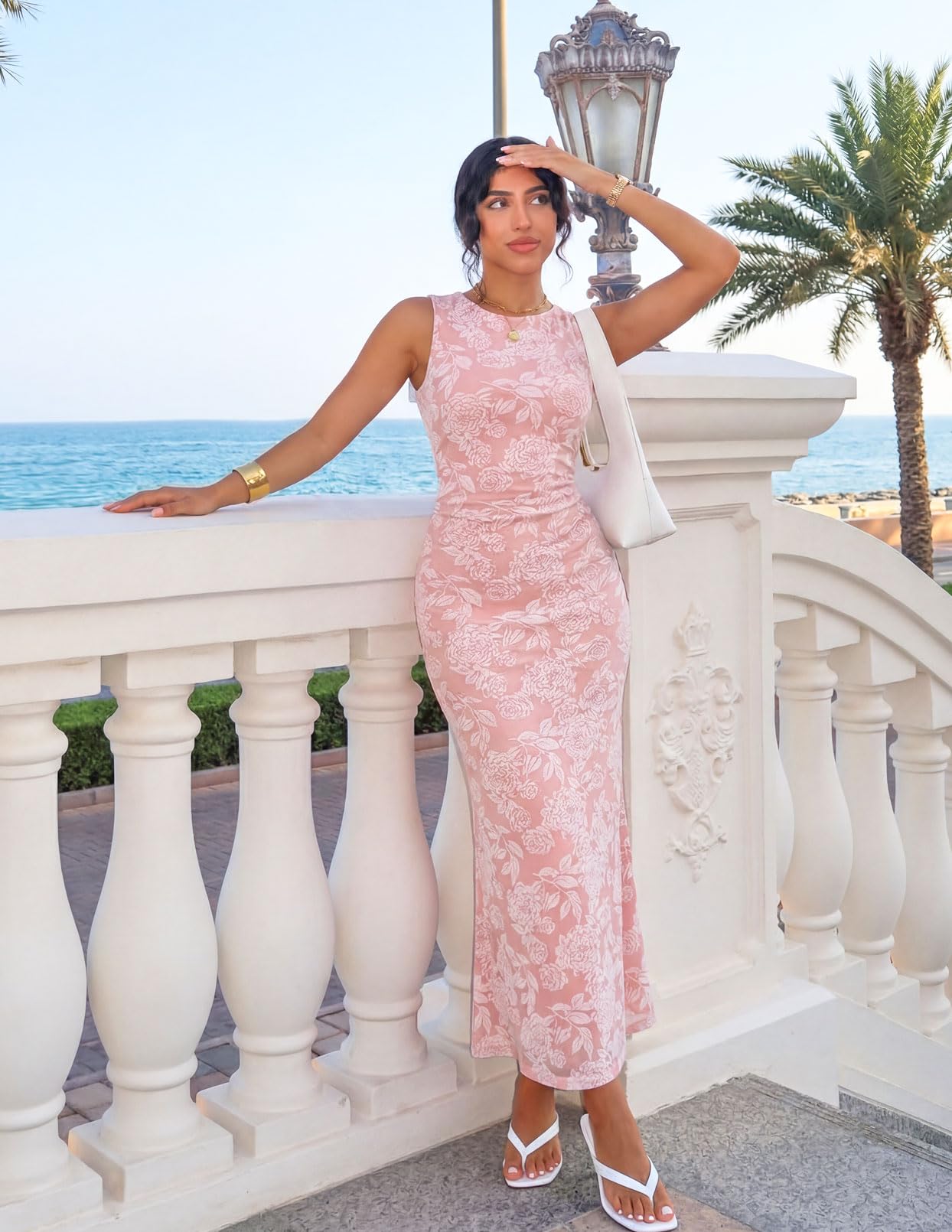 MEROKEETY Women's Summer Sleeveless Floral Bodycon Dress 2026 Spring Mesh Wedding Guest Cocktail Formal Party Maxi Dresses, Lightpink, Small