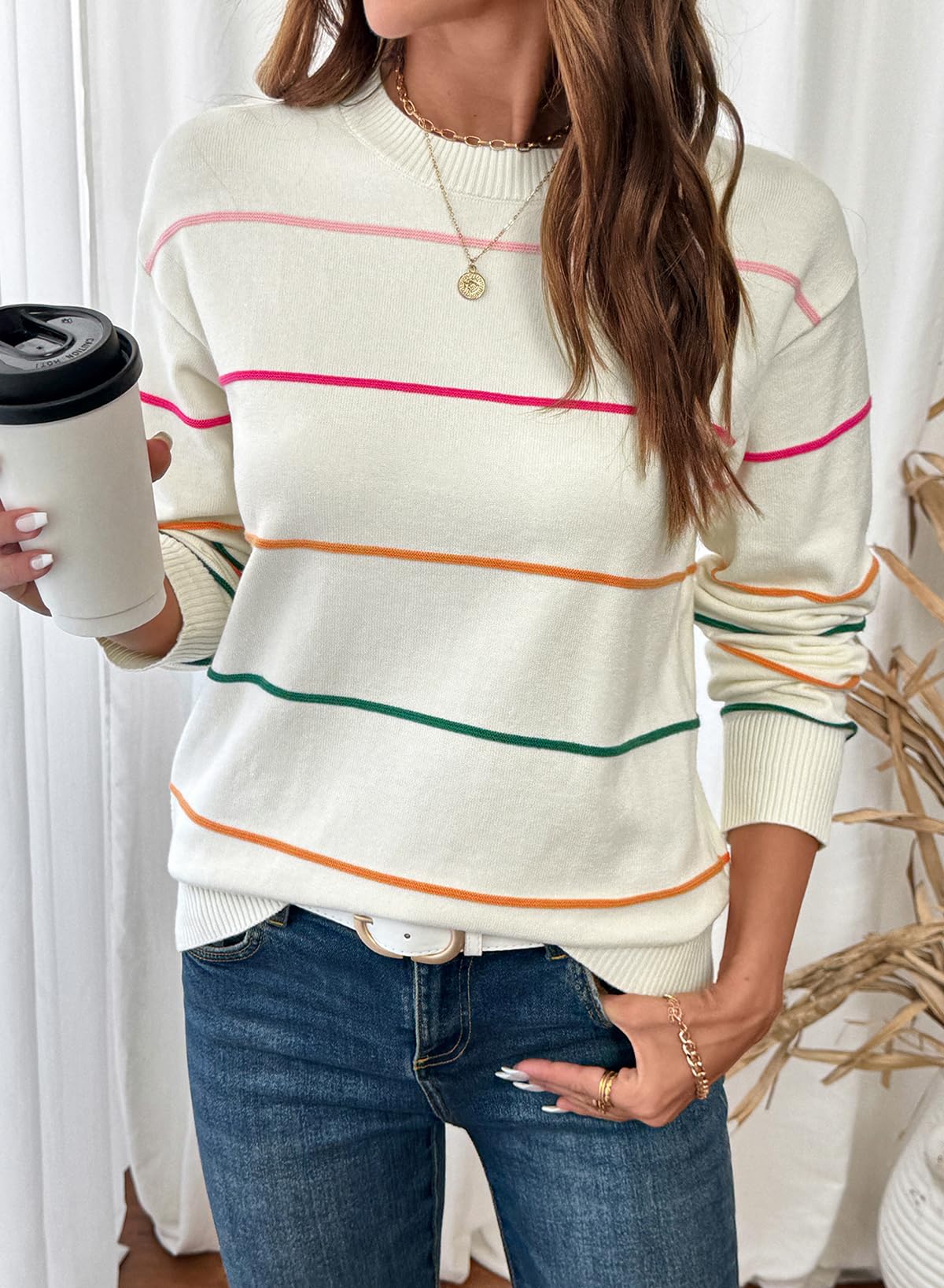 SHEWIN Sweaters for Women Crew Neck Womens Fall Tops Casual Striped Sweater Women Lightweight Womens Tops Dressy Casual Fall Clothes White XX-Large