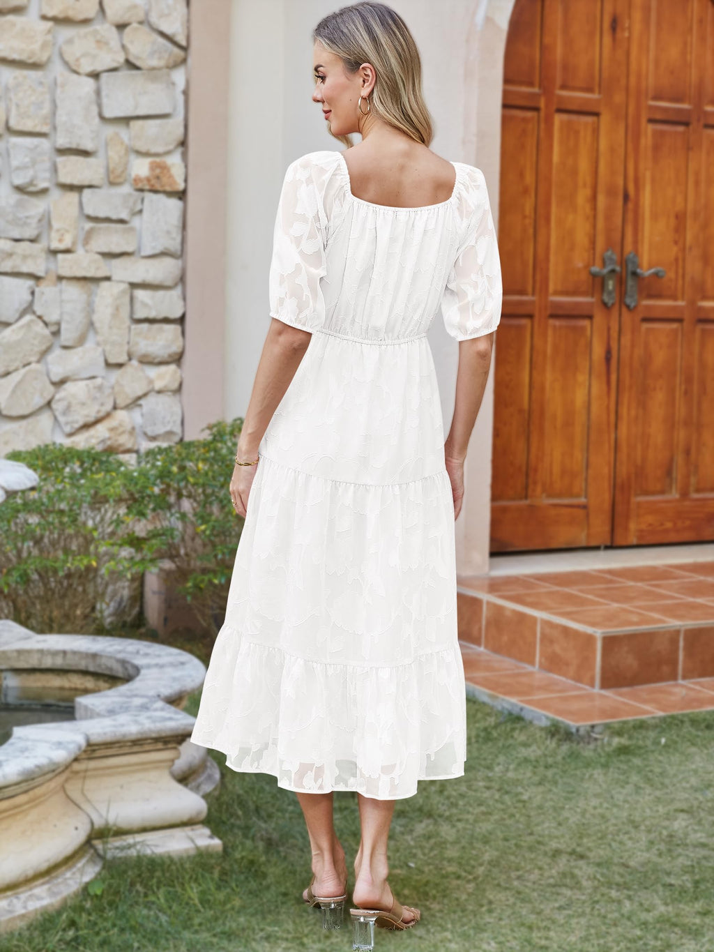Caracilia Women's 2026 Summer Casual Maxi Dresses Short Puff Sleeve V Neck A Line Floral Flowy Boho Wedding Guest Party Dress White Medium