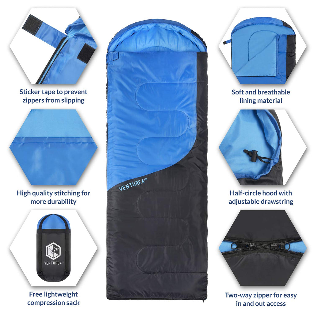 VENTURE 4TH Summer Sleeping Bag, Single, Regular Size - Lightweight, Comfortable, Water Resistant Backpacking Sleeping Bag for Adults & Kids - Ideal for Hiking, Camping & Outdoor – Blue/Gray