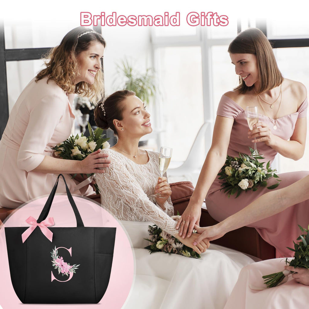 Vavabox Tote Bag, A-Z Initial Monogrammed Waterproof Tote Bag, Bridesmaid Gifts for Women, Black and Pink (S, Black)