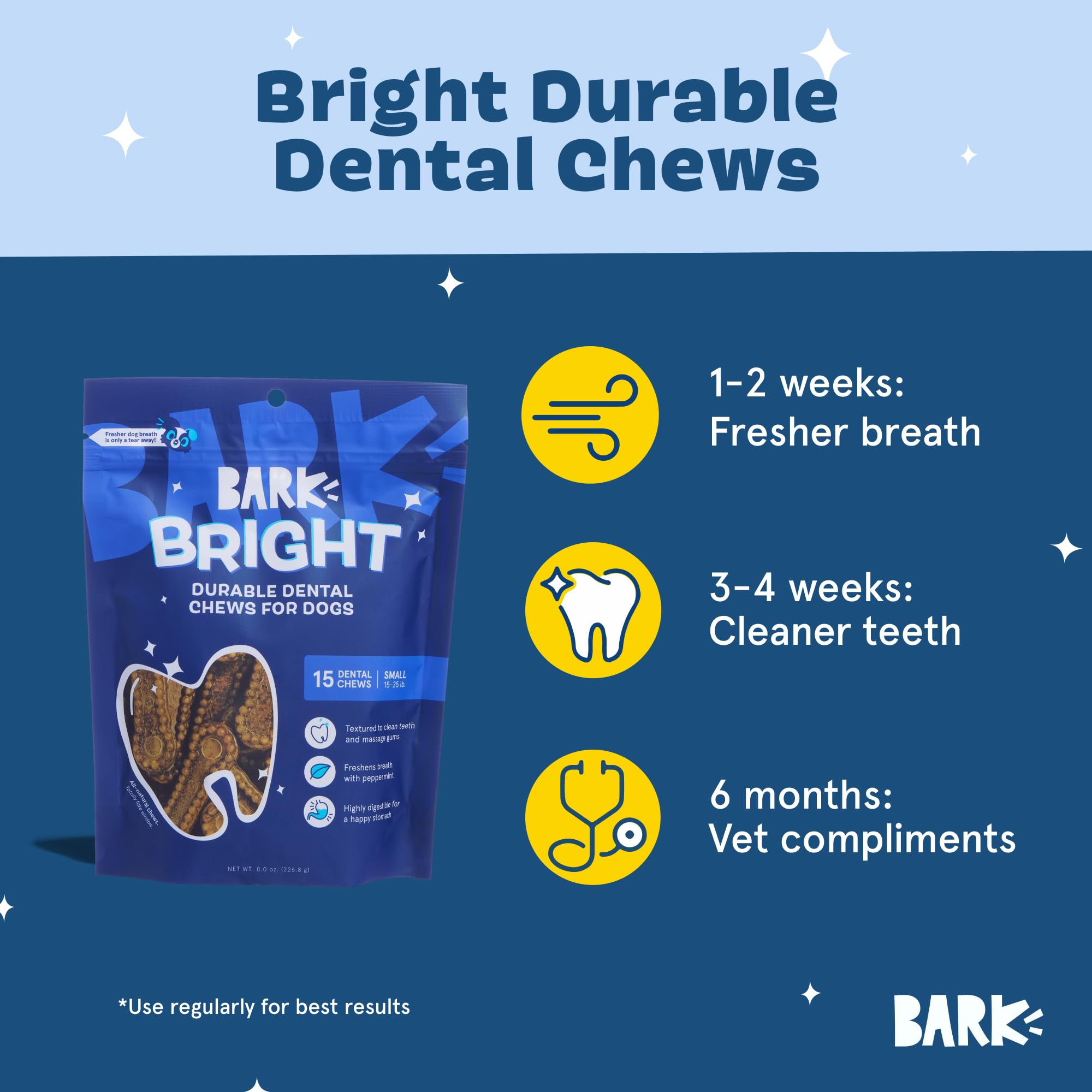 Barkbox Bright Durable Dental Chew Sticks for Dogs - Made for Tough Chewers, Small Breeds (15 Chews)