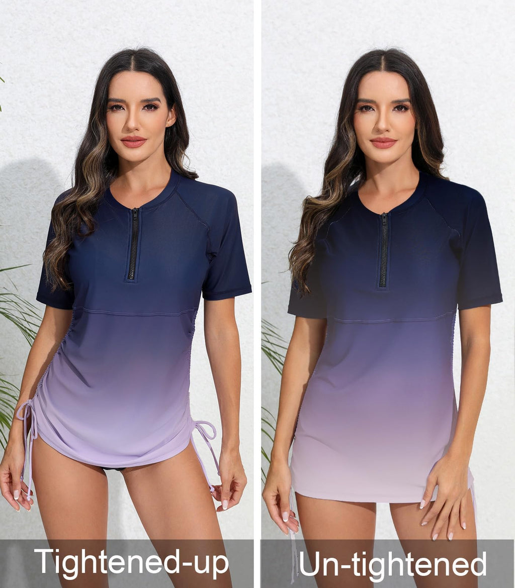 Halcurt Women's Short Sleeve Rash Guard Swim Shirt with Bra Half Zip Tie Drawstring UPF50+ Swimsuit Top Ombre Navy Purple L