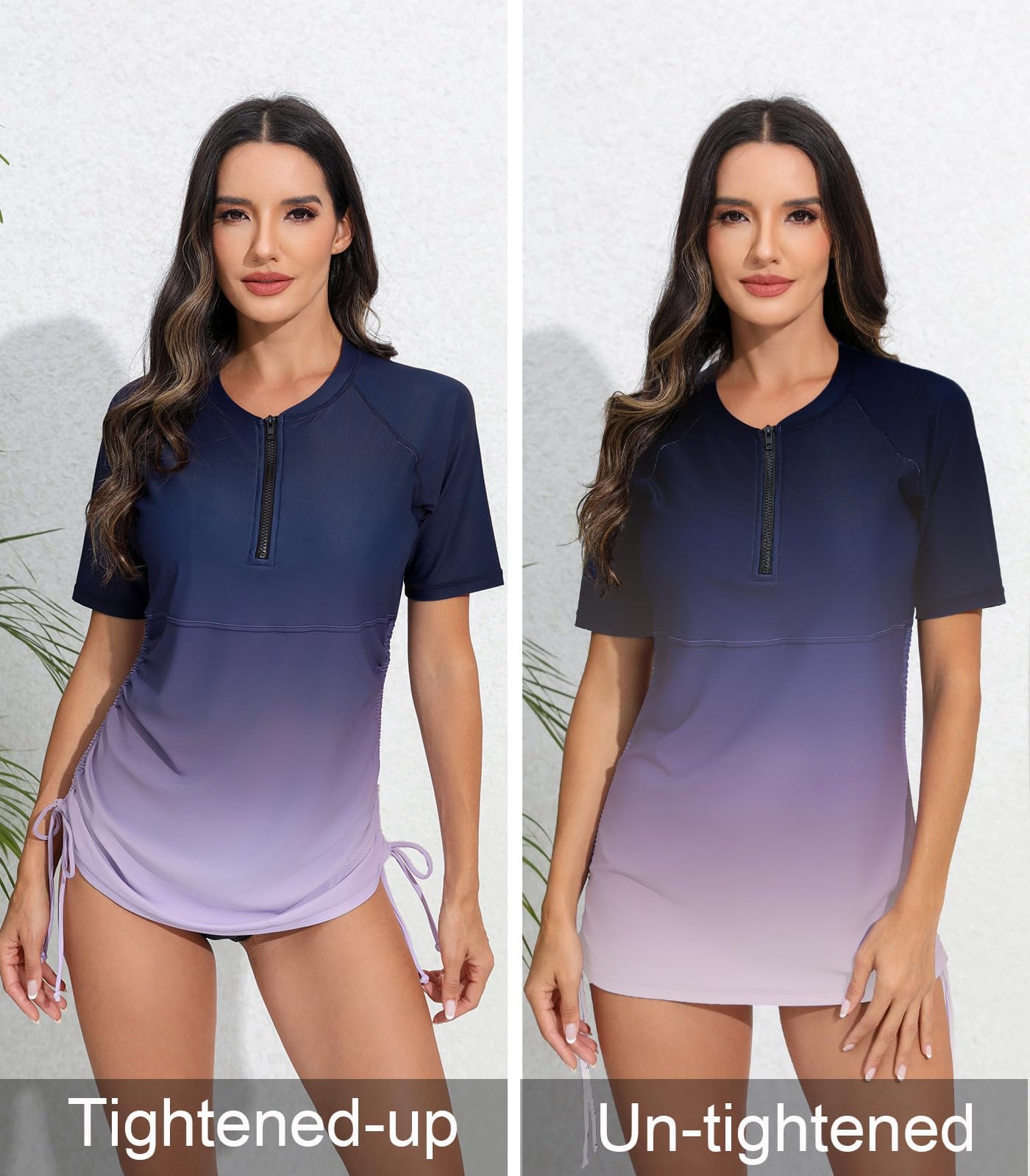 Halcurt Women's Short Sleeve Rash Guard Swim Shirt with Bra Half Zip Tie Drawstring UPF50+ Swimsuit Top Ombre Navy Purple L