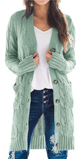 PRETTYGARDEN Long Sleeve Cable Knit Long Cardigan for Women 2026 Spring Winter Chunky Open Front Button Sweaters with Pockets (Bean Green, Small)