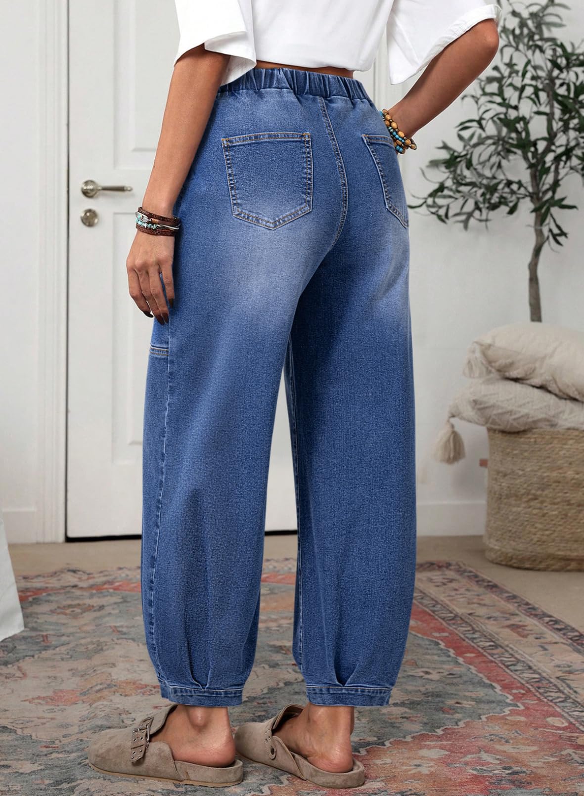 Sidefeel Mid Rise Barrel Jeans for Women Wide Leg Mid Waist Cropped Denim Pants Y2k Baggy Boyfriend Jeans with Pockets Dark Blue Size 14