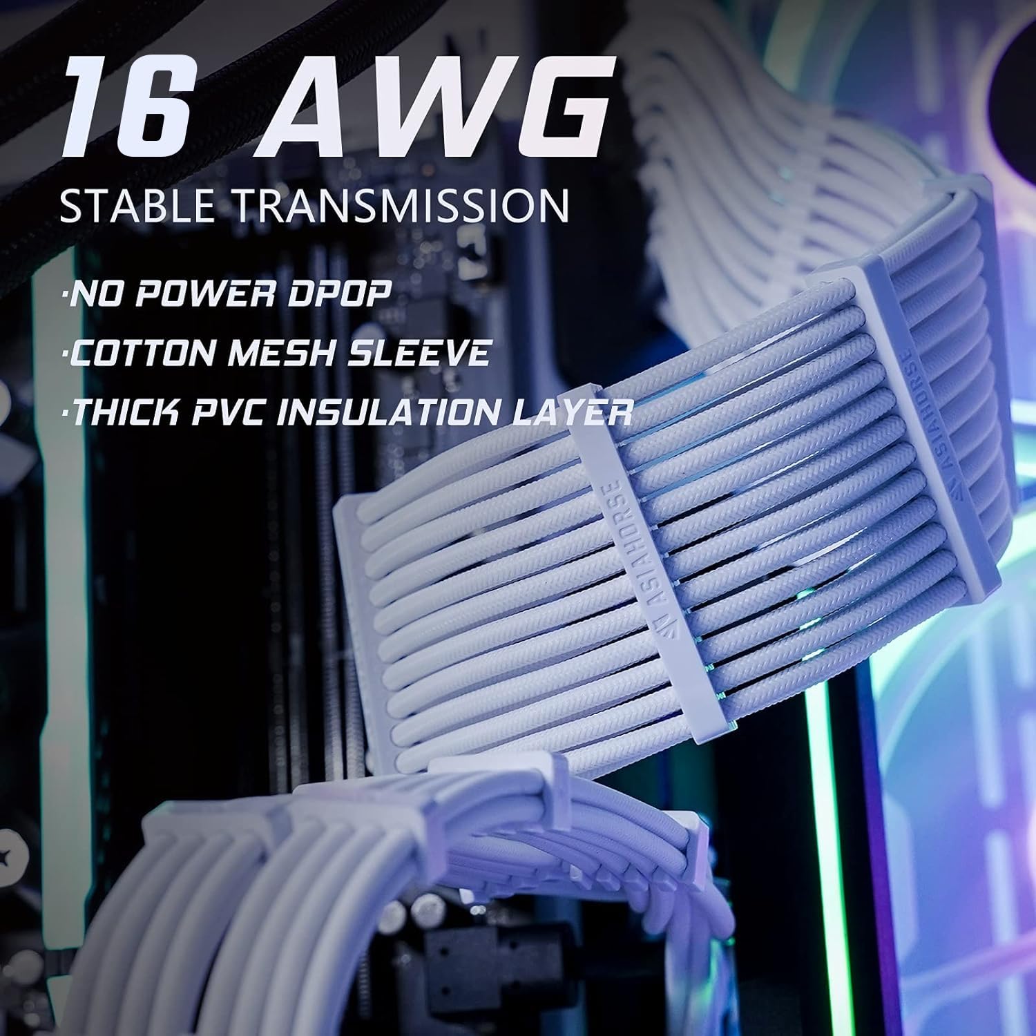 AsiaHorse 16AWG PSU Cable Extension Sleeved Custom Mod GPU PC Audio Video Power Supply Soft Braided Cables with Two Color Comb Kit 24P/8P to 6+2P/ 8P to 4+4P 30CM