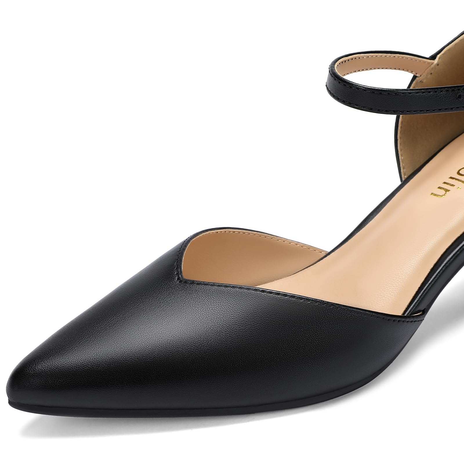 DOBOLIN Comfort Kitten Heels Pumps for Women Low Heels Ankle Strap Elegant Pointed Closed Toe Dress Dance Shoes for Party Wedding, Size 6 Black