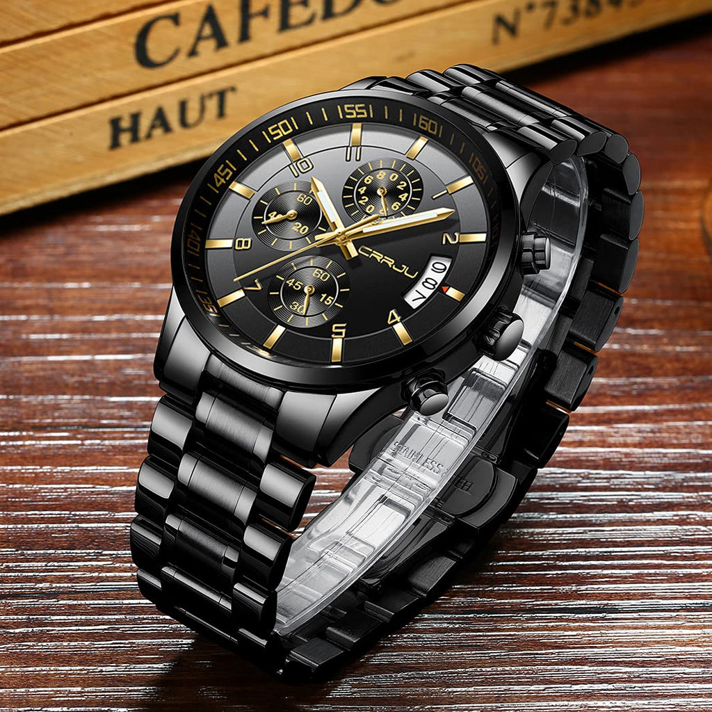CRRJU Watches for Men,Fashion Luxury Casual Stainless Steel Japan Movement Waterproof Business Quartz Wristwatches,Man Black Golden Watch
