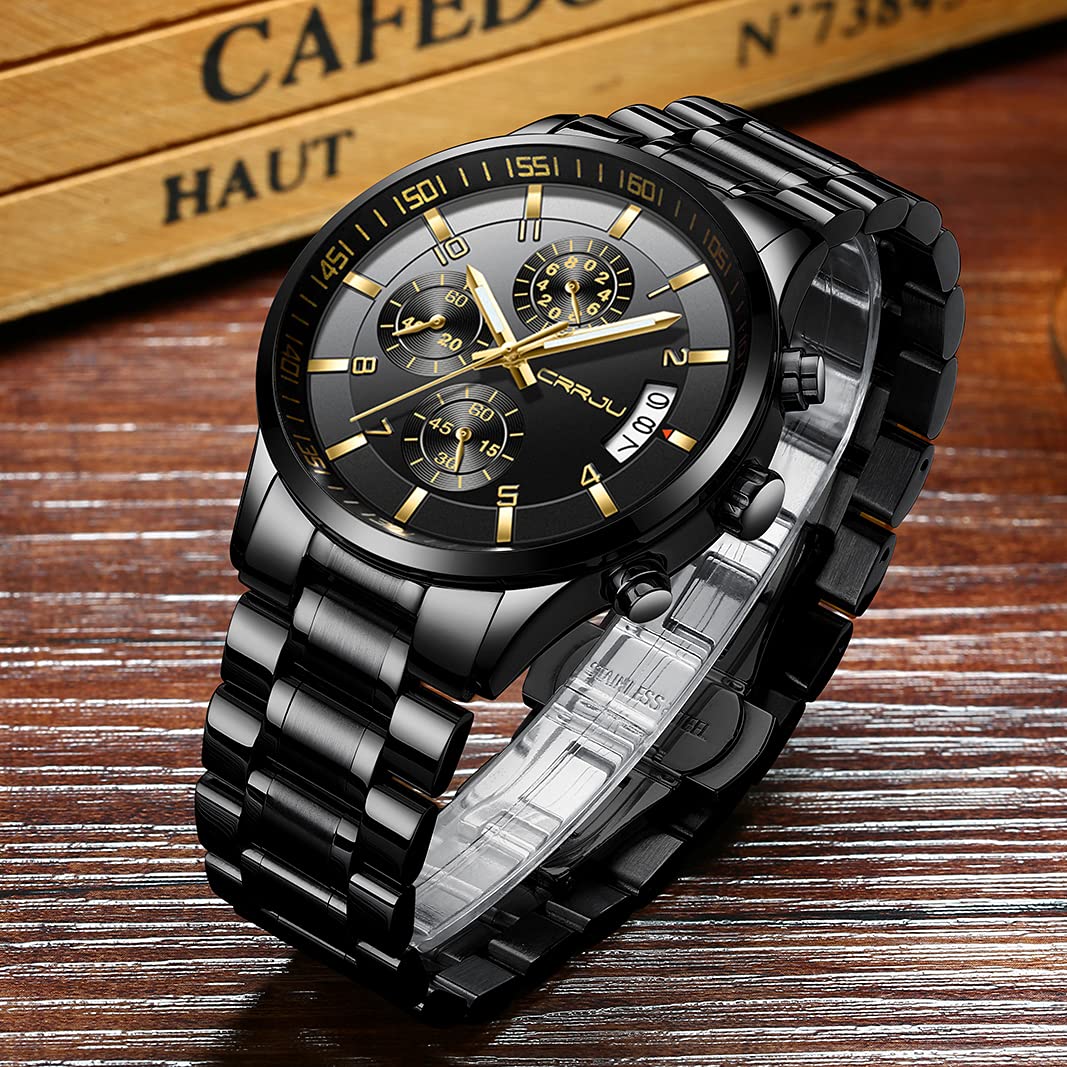 CRRJU Watches for Men,Fashion Luxury Casual Stainless Steel Japan Movement Waterproof Business Quartz Wristwatches,Man Black Golden Watch