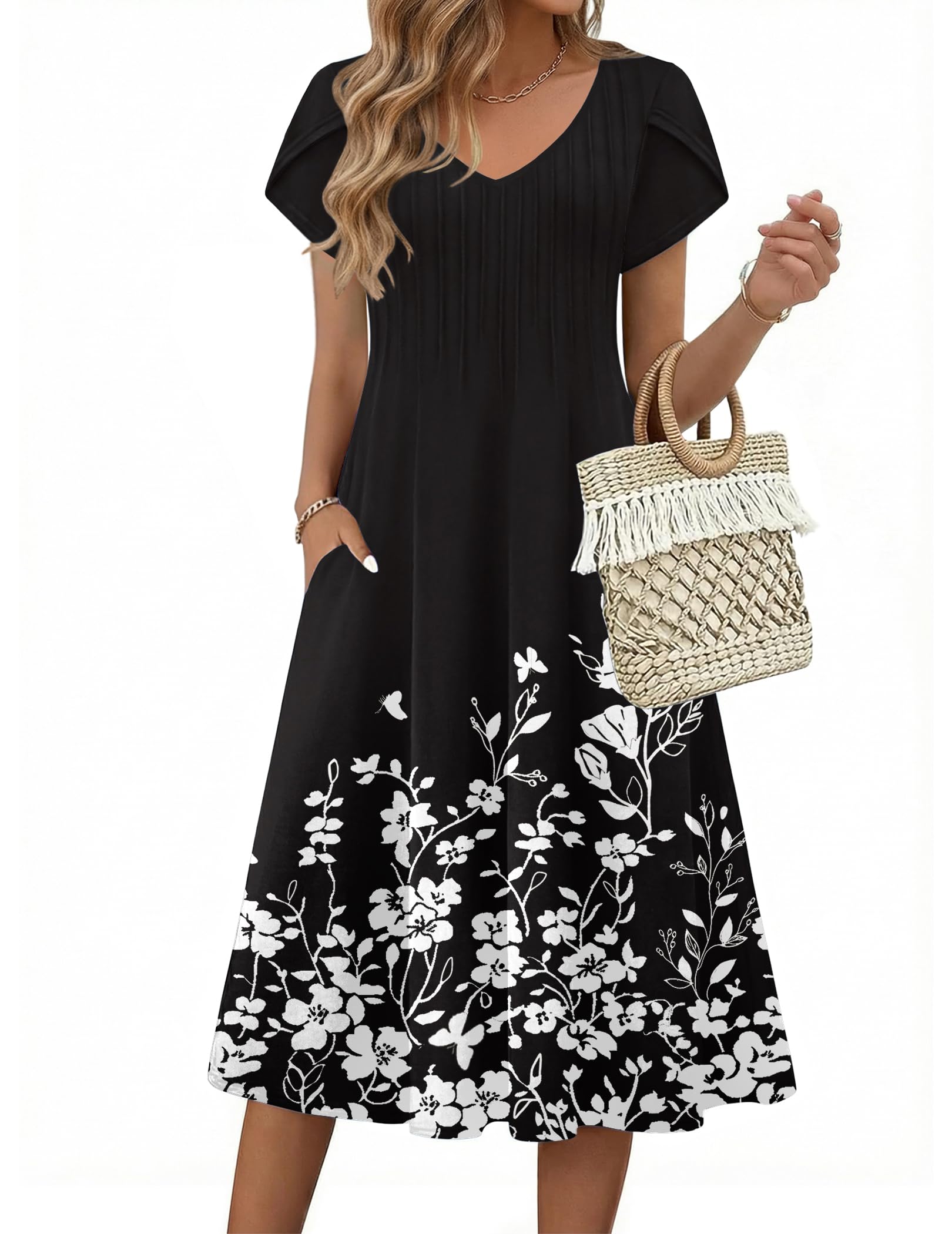 Zeagoo Swing A Line Midi Mothers Day Dress Boho Dresses for Women 2026 Modest Dresses Midi Summer Dress Ladies Short Sleeve Floral Dress Pleated Sundress Black XL