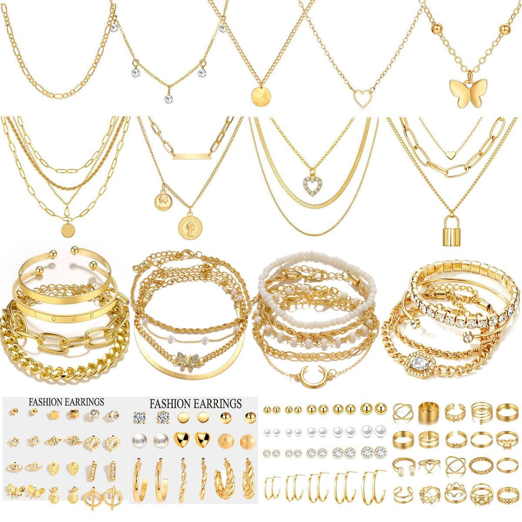 IFNODO 98pcs Gold Jewelry Set for Women Trendy Costume Jewelry Gold Plated Necklace Bracelet Gold Earrings And Rings Set for Women Friendship Gift Set