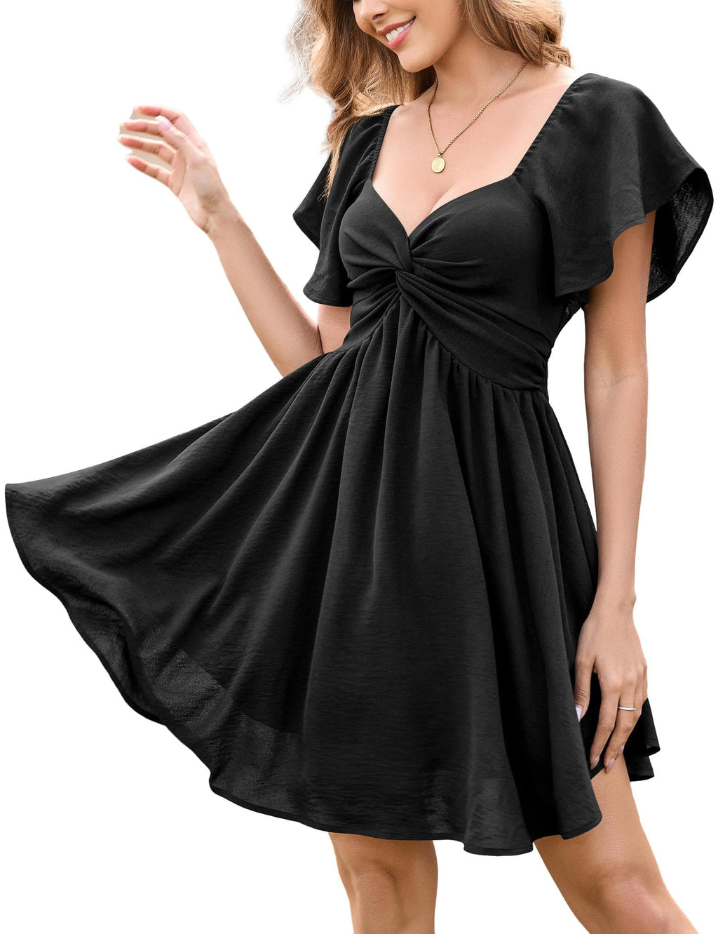 Florboom Women's Summer Sweetheart Neck Flutter Short Sleeve Sexy Mini Dresses Knot Front Chiffon Wedding Guest Flowy Dress (Black, S)