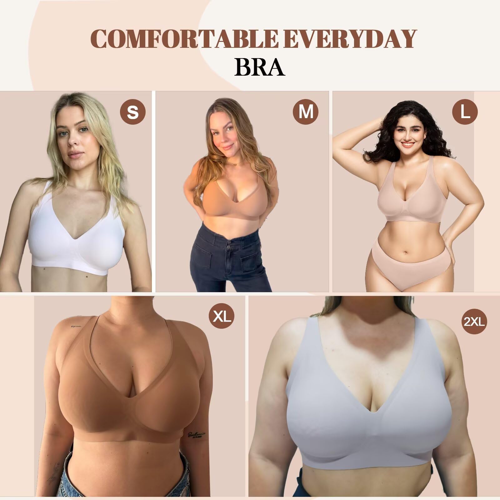 Vertvie Jelly Wireless Bras for Women Push Up Plunge Seamless T-Shirt Bras No Underwire Supportive Full Coverage Bralettes(Skin Color,Large)