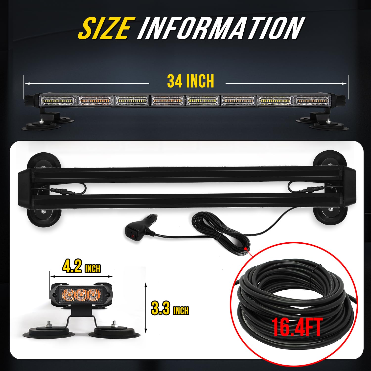 LRTER 34inch 166 LED Emergency Rooftop Strobe Lights Bar Flashing Safety Traffic Advisor Warning Hazard Snow Plow Light W/Magnet Base for Work Trucks Vehicles Construction Tow Pickup Amber White