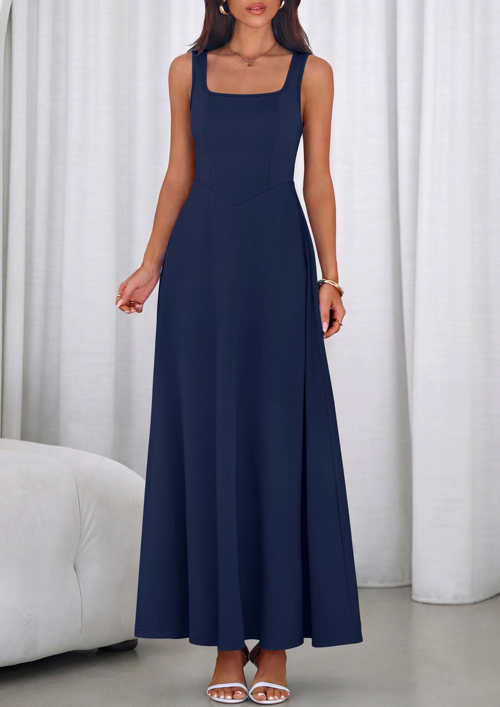 PRETTYGARDEN Womens Summer Dresses 2026 Sleeveless Elegant Square Neck Aline Swing Maxi Beach Wedding Guest Dress Pockets (Navy,Medium)