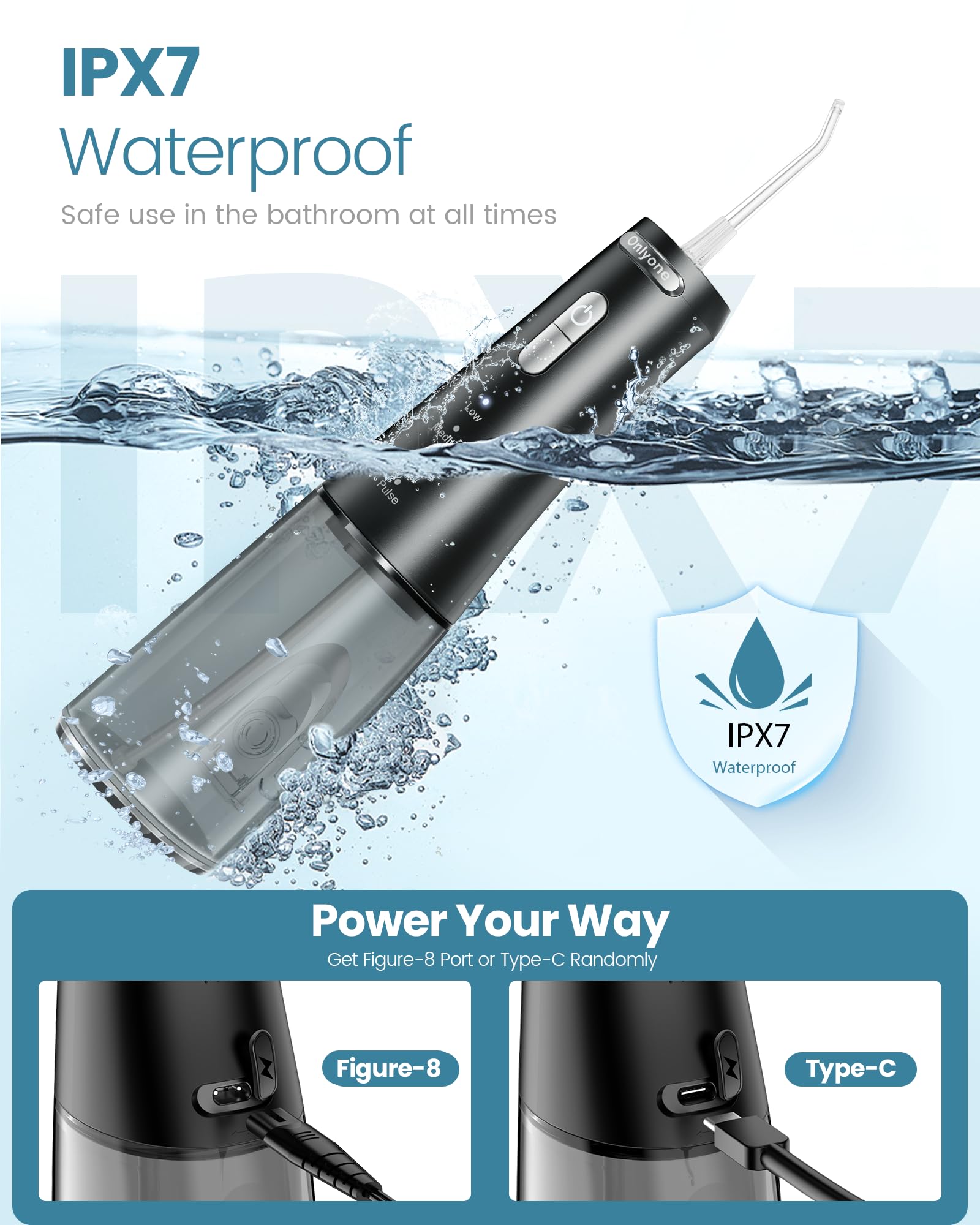 Onlyone Rechargeable Cordless Water Flosser with Adjustable Water Pressure for Daily Oral Care, Power Dental Flosser for Home and Travel Use, Portable Oral Irrigator for Sensitive Gums and Braces Care