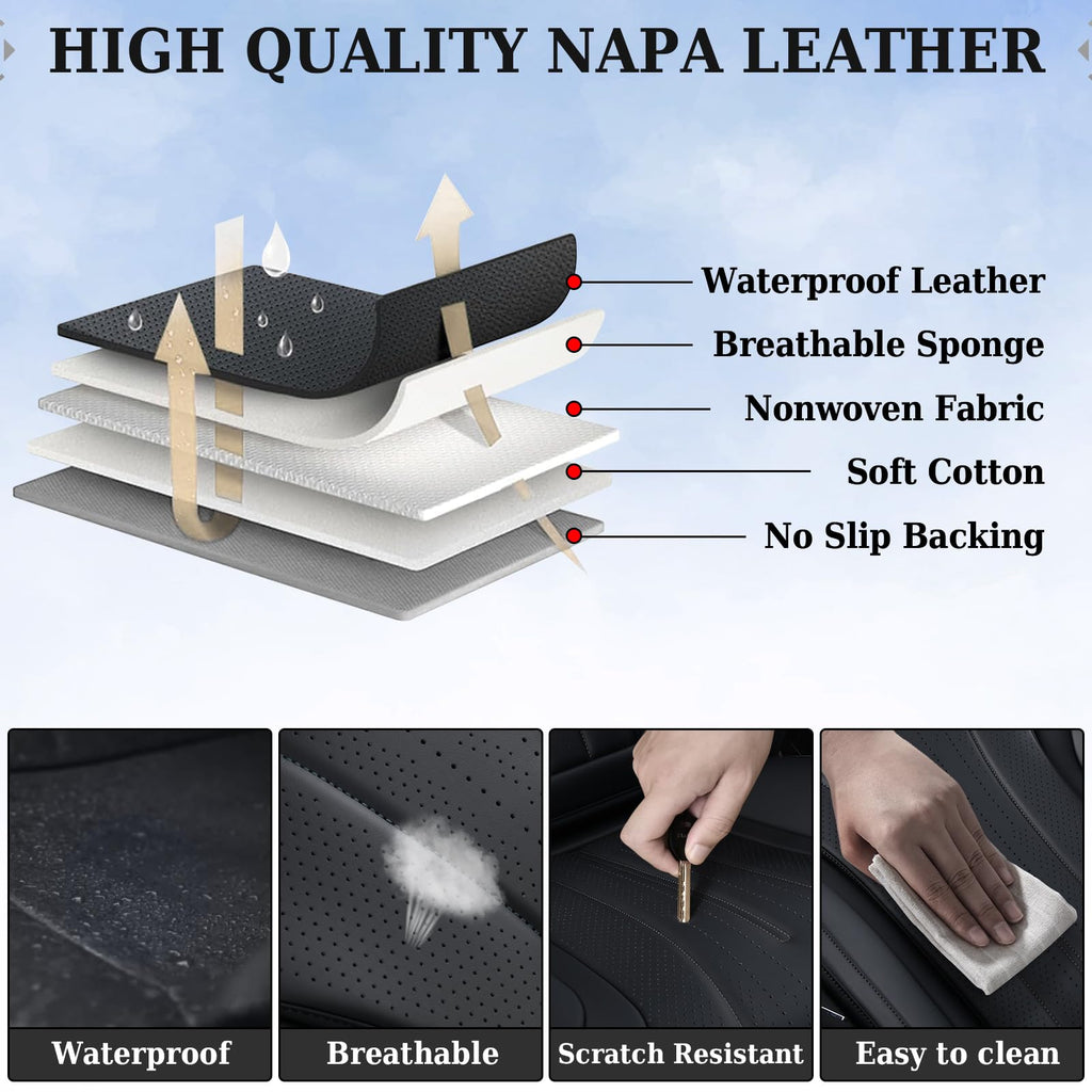 Coverado Car Seat Covers Full Set, Waterproof Nappa Leather Seat Cover for Cars, Luxury Universal Seat Cover, Front and Back Car Seat Protector Car Seat Cushion Fit for Most Cars(Black)