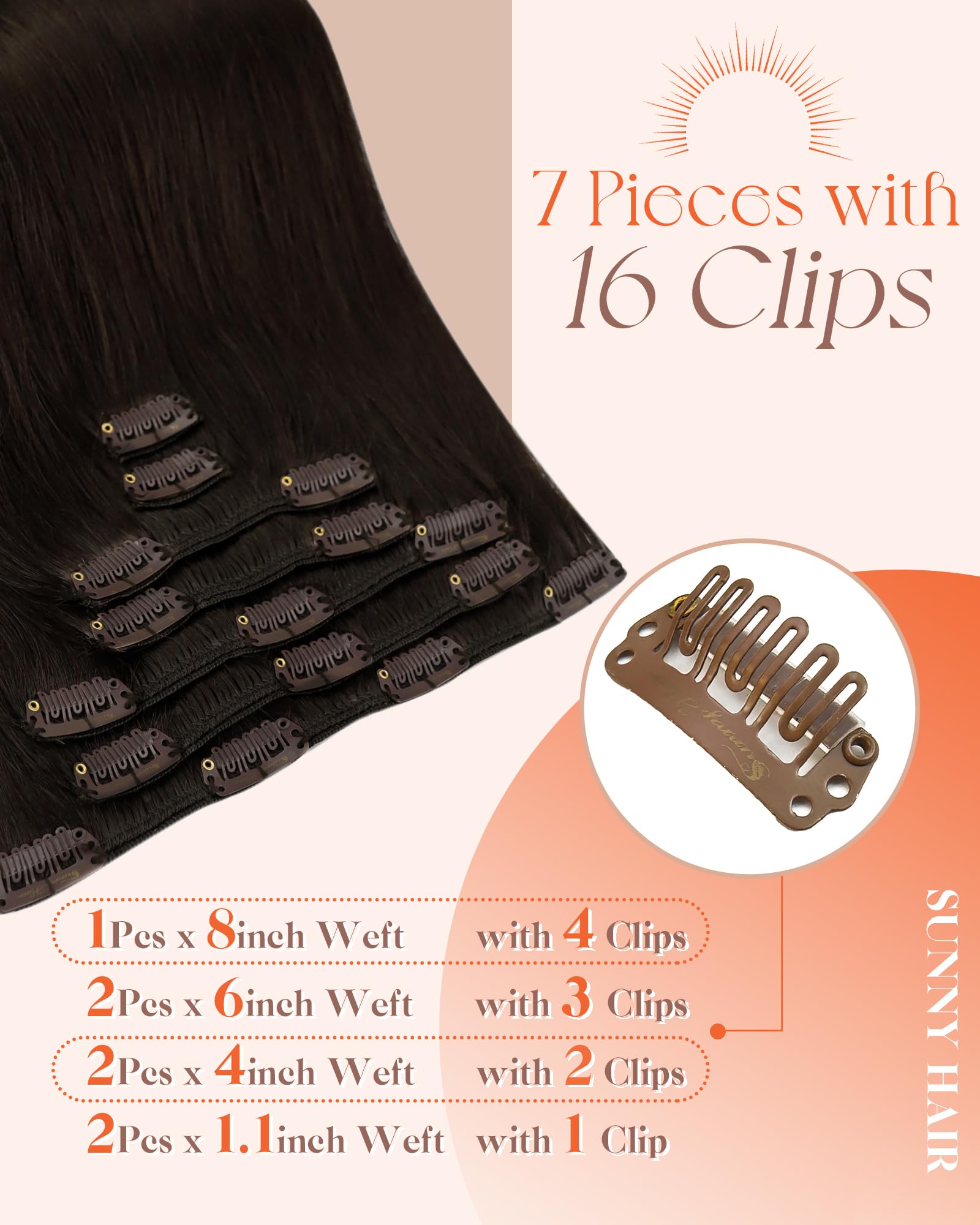 Sunny Hair Clip in Hair Extensions Real Human Hair Double Weft Remy Hair Clip in Extensions Human Hair for Women Full Head Dark Brown 24 inch