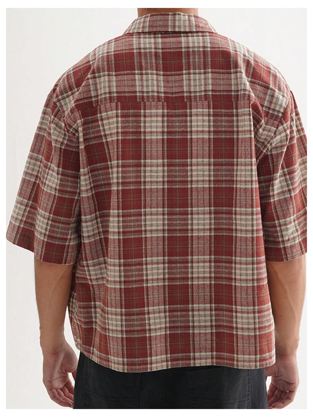 VIPWOLF Men's Plaid Gingham Cropped Shirts Button Down Baggy Half Sleeve Loose Fit Shirt Crop Tops Red Plaid Small