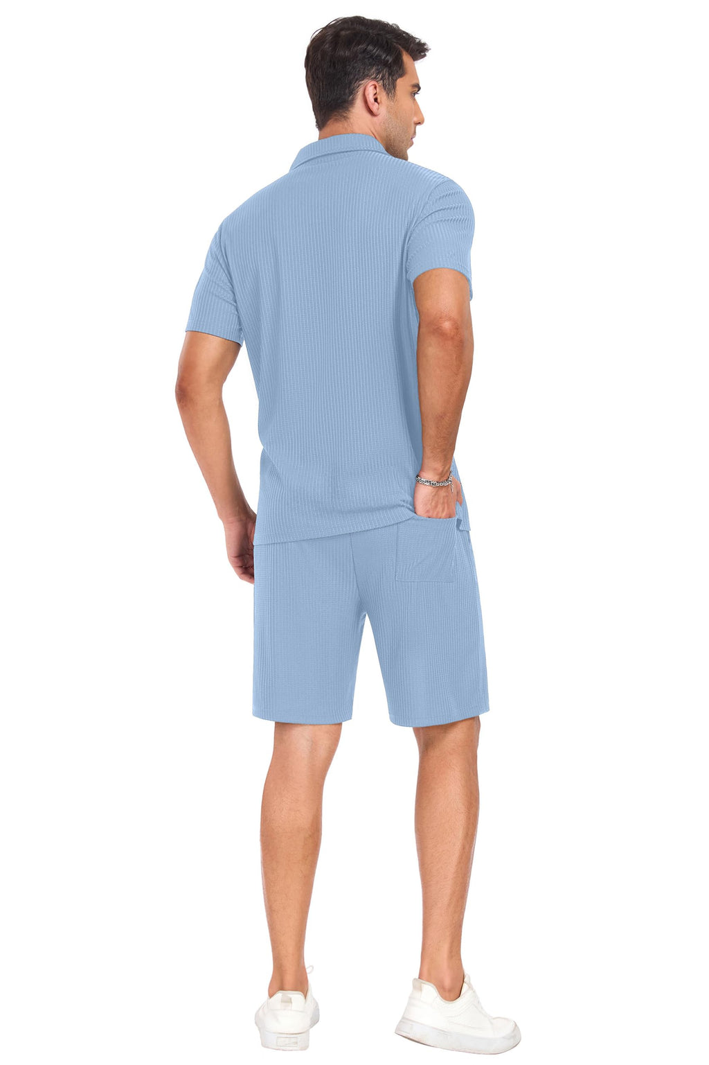 PrinStory Mens Short Sleeve Outfits 2 Piece Summer Beach Button Down Shirts and Shorts Set Tracksuit with Pockets Light Blue-S
