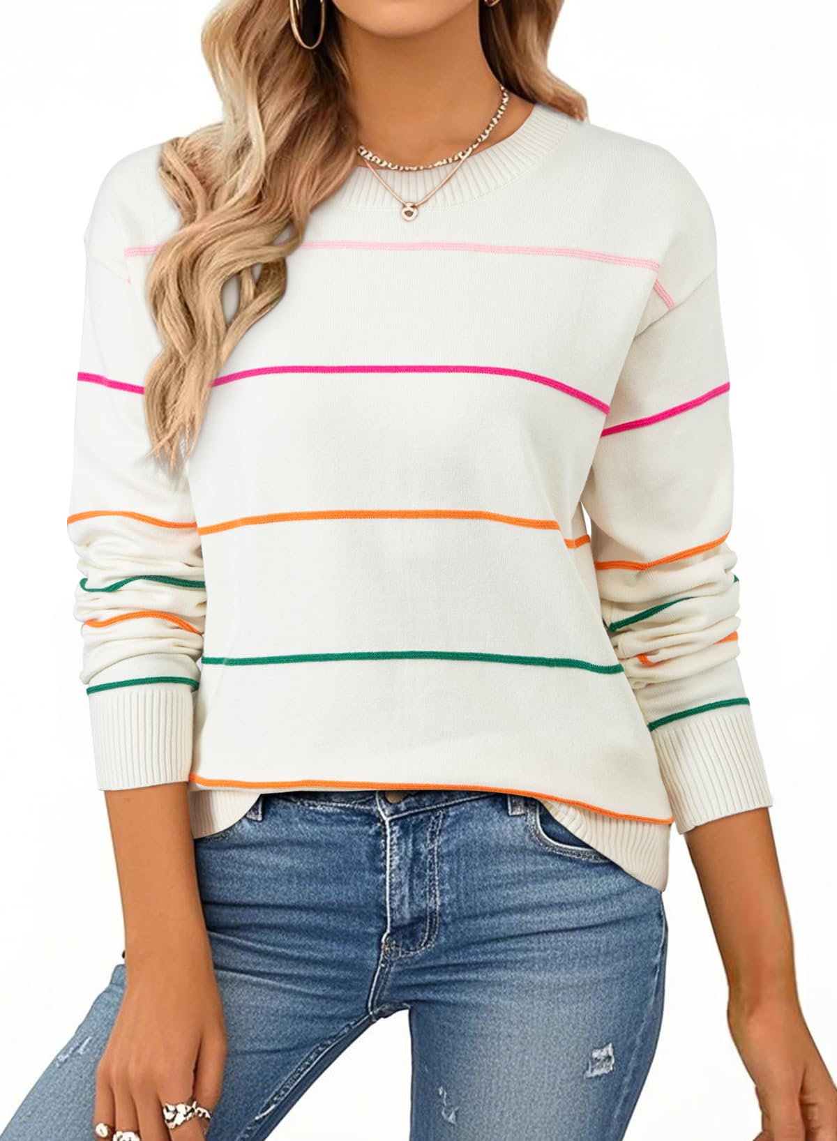 SHEWIN Womens Sweaters Crew Neck Striped Sweater Women Lightweight Womens Fall Tops Long Sleeve Tops Sweaters for Women Fall Outfits 2026 White Small