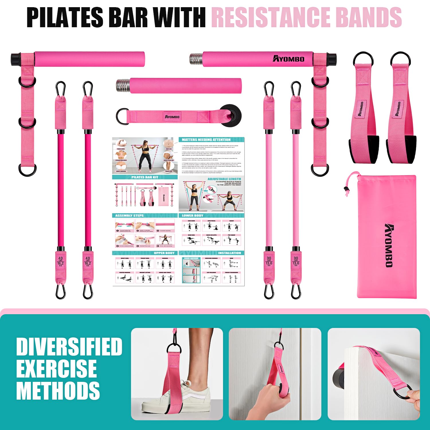 Ayombo Pilates Bar Kit with Resistance Bands, Adjustable Pilates Equipment for Legs, Hip, Waist, Arm, Squats Exercise Equipment for Home Gym Workouts, 3-Section Pilates Bar Kit for Women & Men
