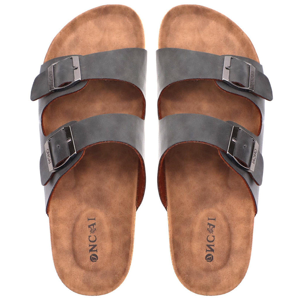 ONCAI Mens Slide Sandals，Adjustable Buckle Straps Arch Support Cork Footbed Slippers for Men 2026 Comfortable Casual Summer Beach non Slip Slides Shoes Grey Size 10