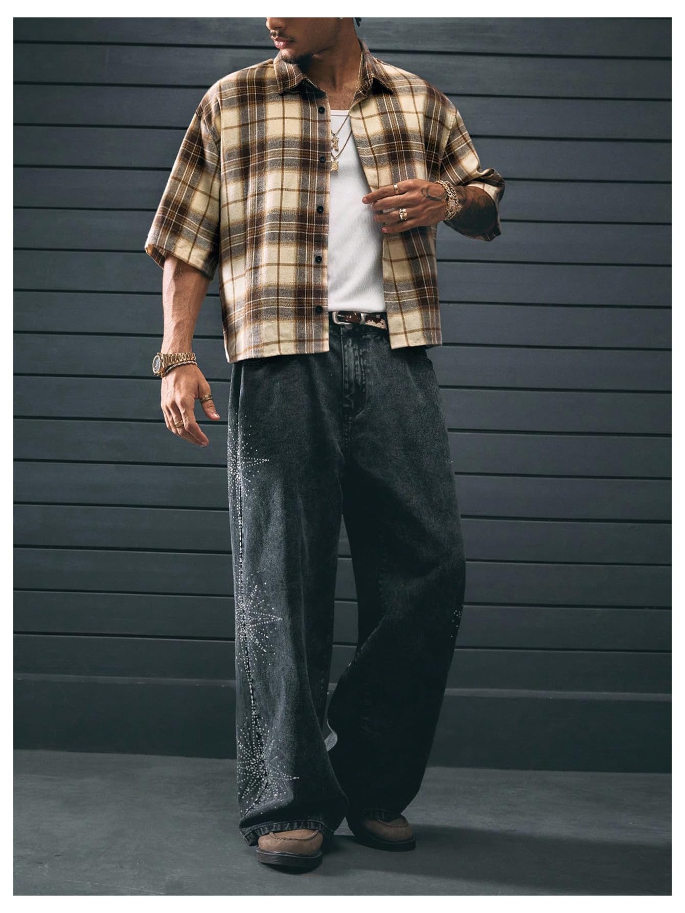 GORGLITTER Men's Gingham Cropped Shirt Button Up Number Graphic Boxy Short Sleeve Vacation Crop Tee Tops Streetwear Brown Large