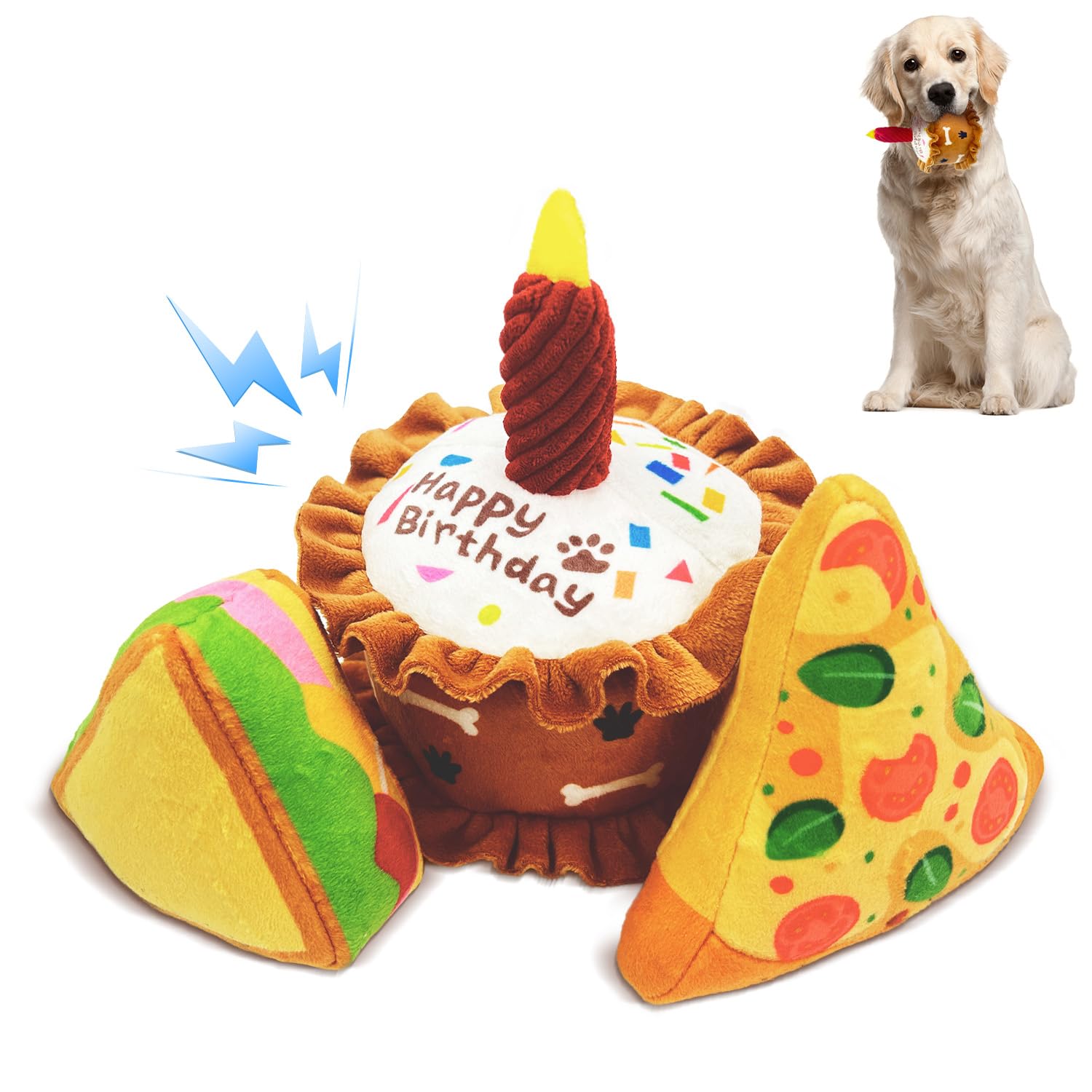 CneeeeeB Birthday Dog Toys Crinkle Dog Toy Squeak Cake Toy Aggressive chew Toys for Puppy Sandwiches Pizza Party Dog Toy Interactive Birthday Toy with 3 Pack for Dog Birthday