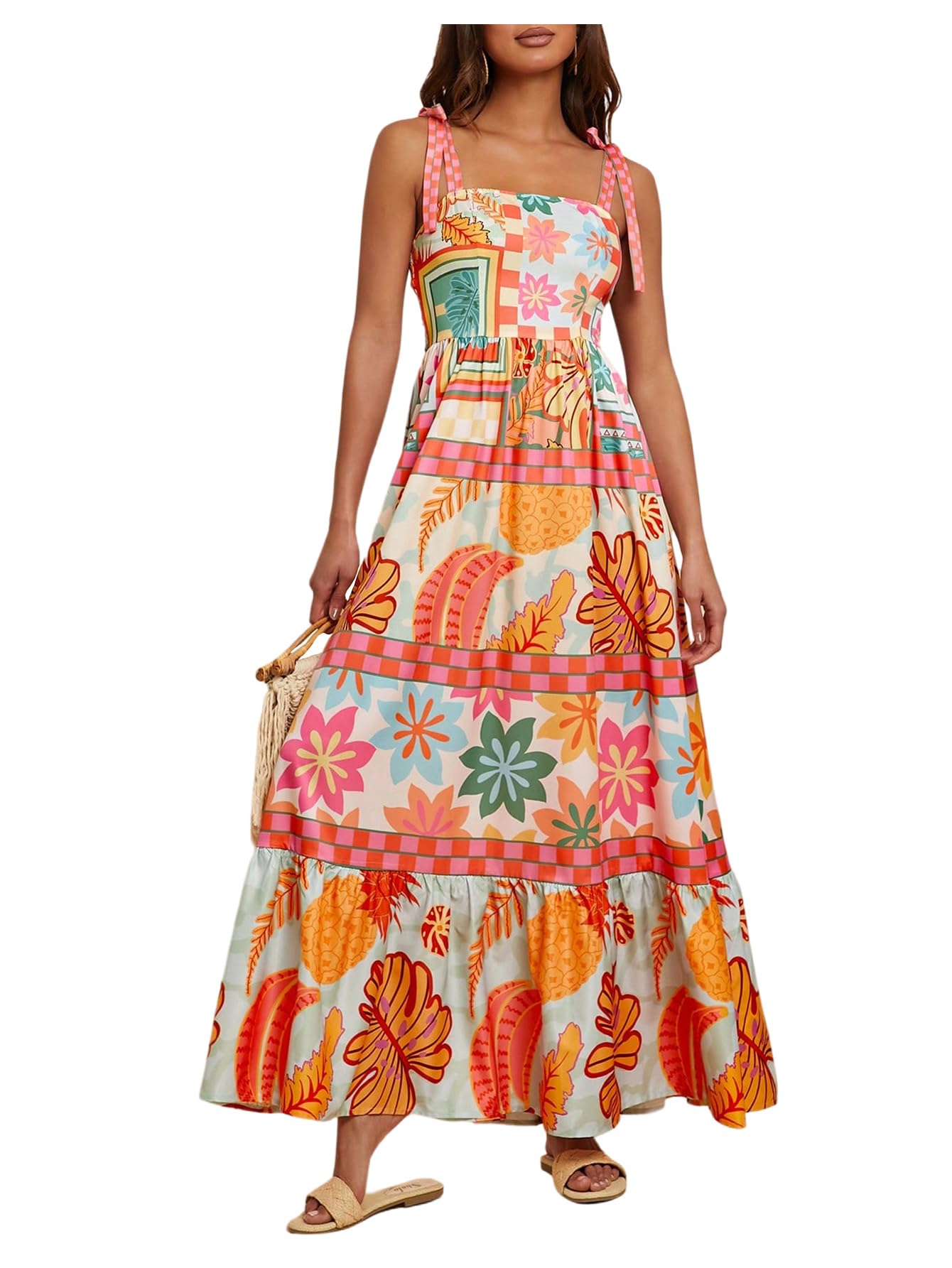 WDIRARA Women's Boho Floral Sleeveless Ruffle Maxi Dress Tropical Graphic Tie Shoulder Smocked Cami Dresses Multicolor Orange Small