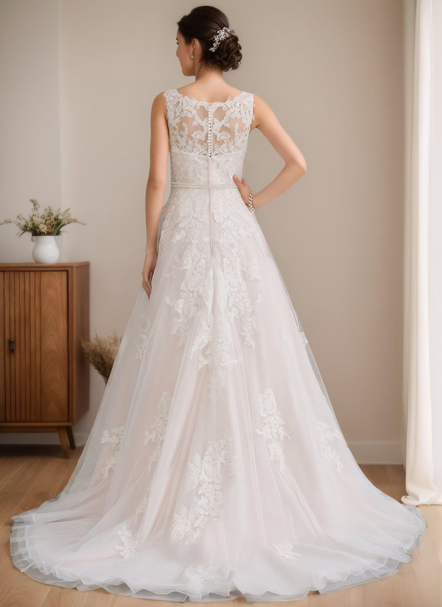 A-Line Bridal Gowns for Women Long Formal Wedding Dresses Lace Appliques Sleeveless Bridal Dresses for Bride 2026 Ivory 6 N1