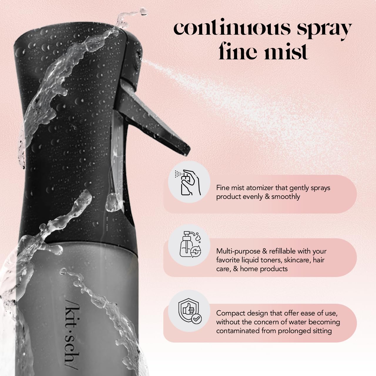 Kitsch Continuous Spray Bottle for Hair – Fine Mist Water Mister & Water Spray Bottle – Recycled Hair Spray Bottle – Spray Bottles for Cleaning, Styling, Plants & More – Black, 150ml