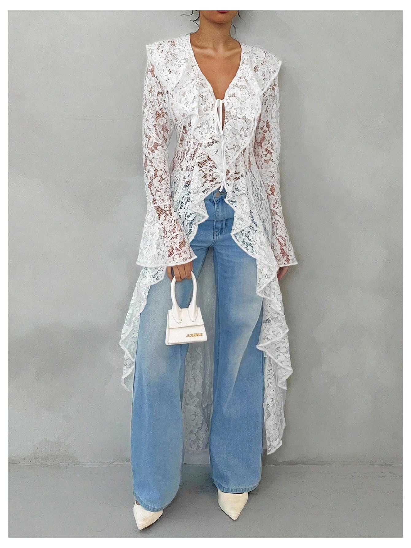 WDIRARA Women's Floral Lace Tie Front Blouse Long Bell Sleeve V Neck Ruffle Tops High Low Shirts White X-Large