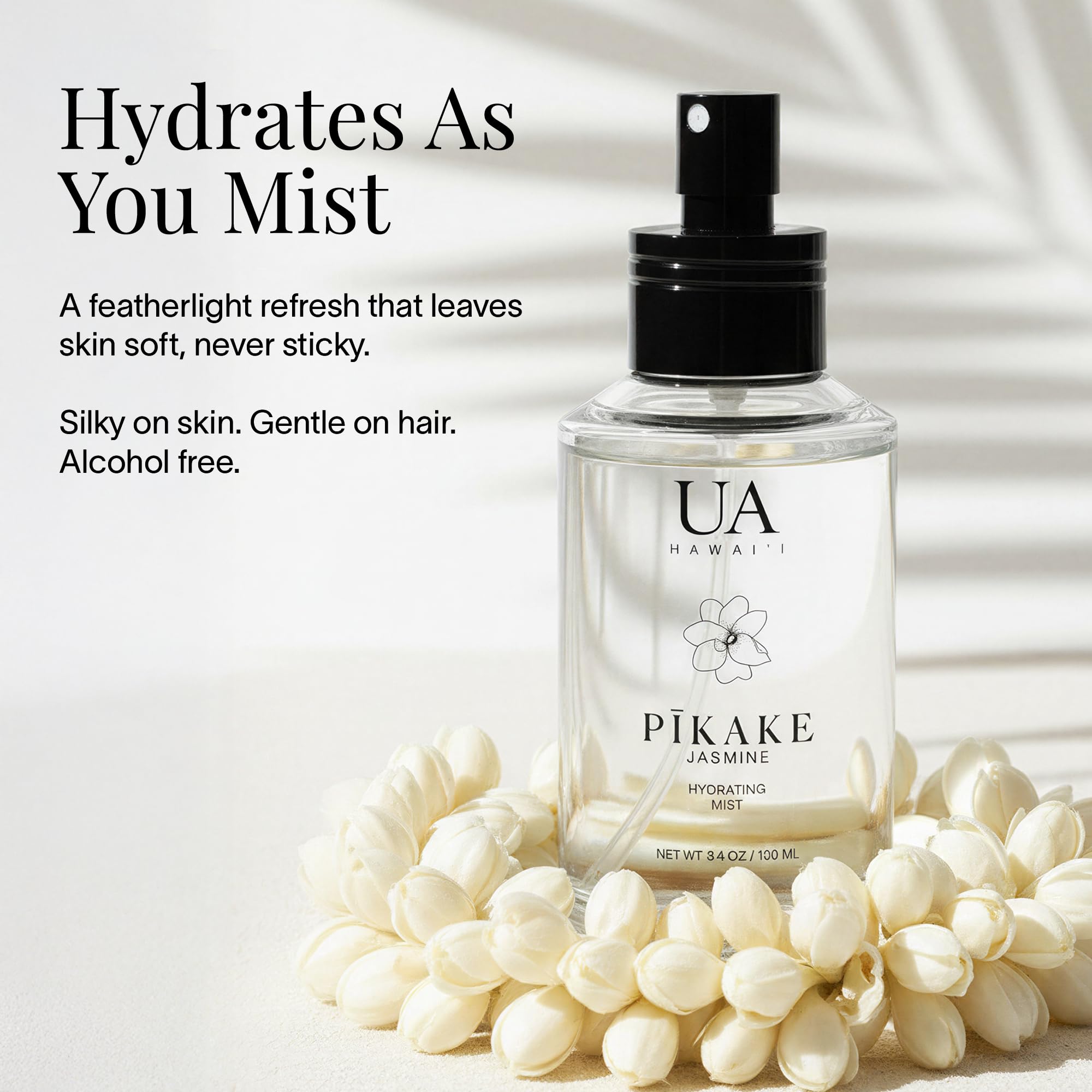 Pikake Body and Hair Mist from Hawaii, Hair Perfume for a Light, Hydrating Refresh, Body Mist for Women and Men, Alcohol-Free, With Moisturizing Hyaluronic Acid & Glycerin, Glass Bottle, 3.4 oz