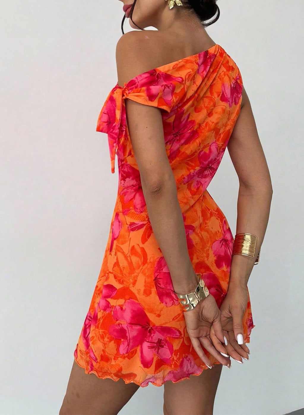 Acelitt Women's Fashion 2026 Summer Floral Off Shoulder Bodycon Dress Cocktail Party Mini Dresses Orange Medium