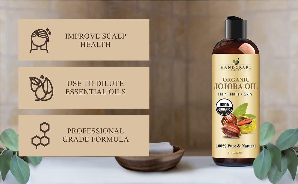 Handcraft Blends USDA Organic Jojoba Oil | Cold-Pressed | 8 Fl Oz | 100% Pure & Natural | for Hair, Skin & Face | Premium Grade Carrier Oil | for Massage & Aromatherapy | Hexane-Free