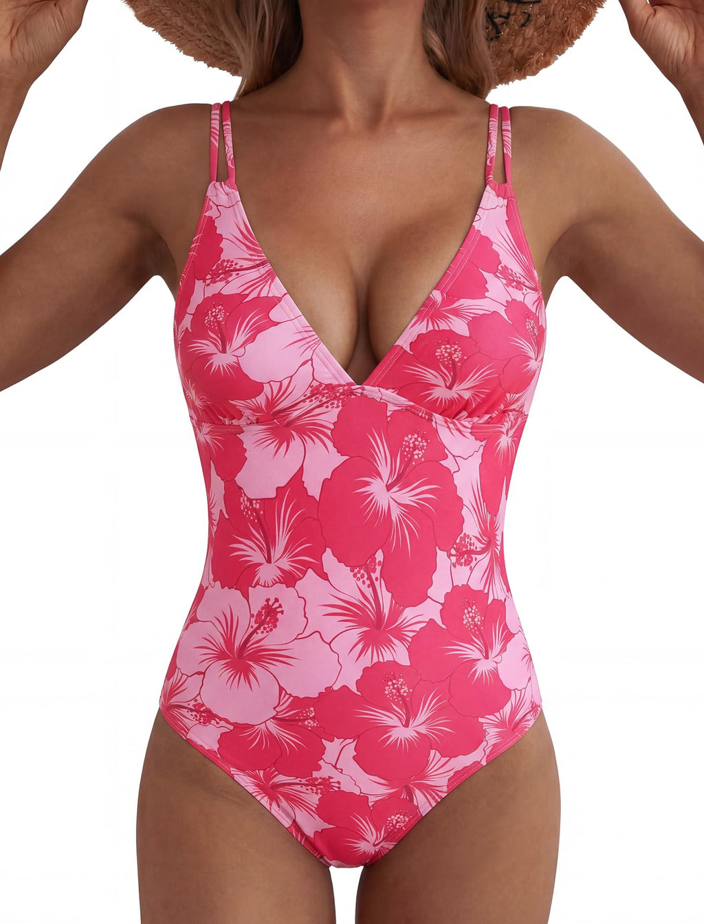 ZAFUL Swim Suits for Women 2026 Sexy One Piece Bathing Suit Cheeky Slimming Push Up Tummy Control Swimsuits Deep V Neck High Cut Beach Swimwear Double Straps Cross Back Tie Romper Swimsuits Floral M