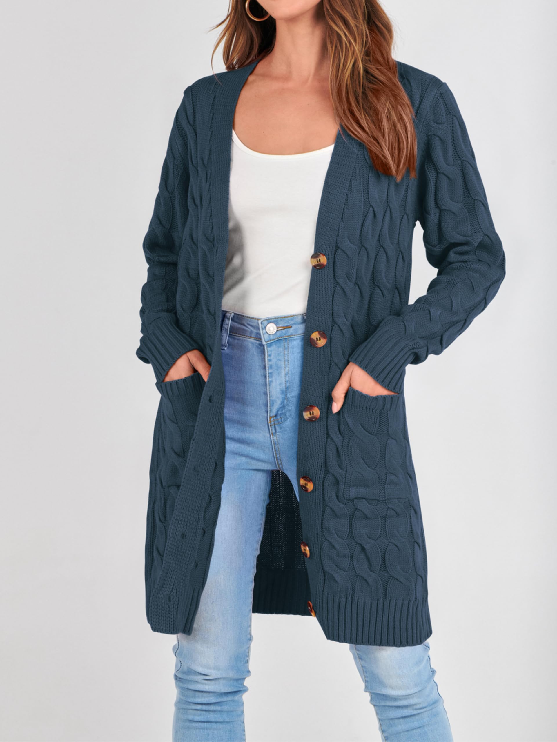 PRETTYGARDEN Long Sleeve Cable Knit Long Cardigan for Women 2026 Spring Winter Chunky Open Front Button Sweaters with Pockets (Blue, Small)