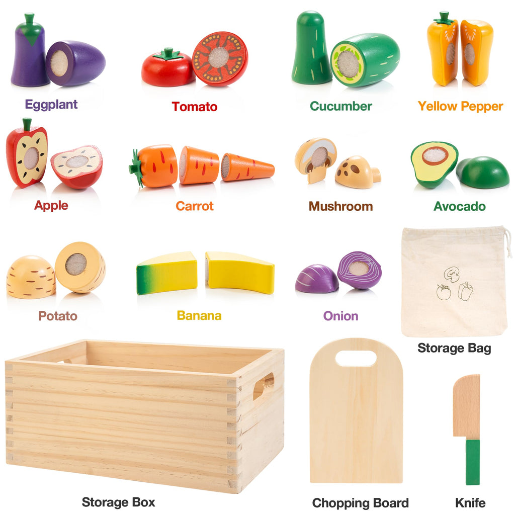 Wooden Play Food Set for Kids Kitchen | Cutting Veggies & Fruits Toy Food Set with Storage Case & Bag, Play Kitchen Accessories, Pretend Play Food for Toddlers 3+