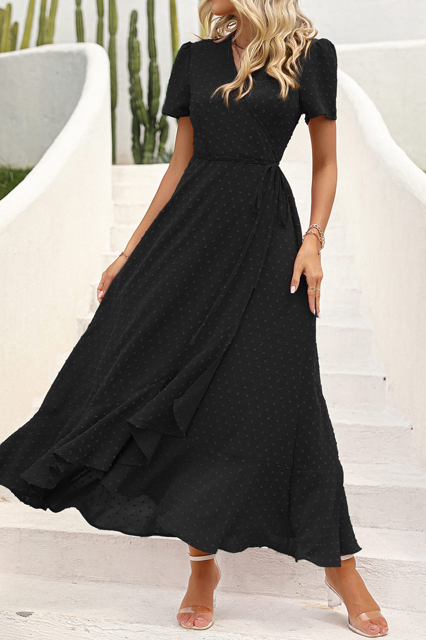 PRETTYGARDEN Women's Summer Wrap Maxi Dress Casual Boho Floral V Neck Short Sleeve Ruffle Hem Split Beach Long Dresses (Z_Black,Medium)