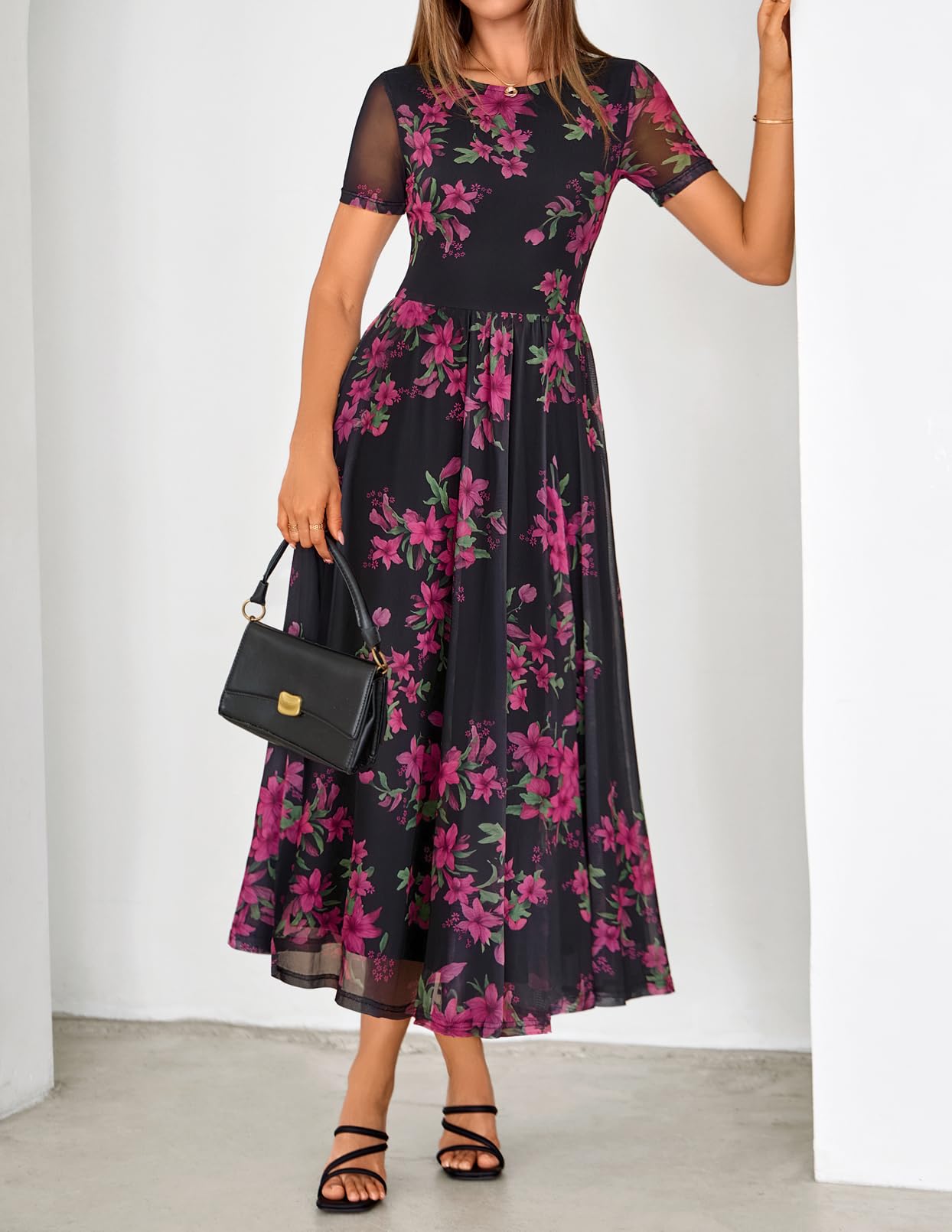 MEROKEETY Women' Summer Floral Maxi Dress 2026 Spring Mesh Short Sleeve Flowy Wedding Guest Beach Long Dresses, Black, Large
