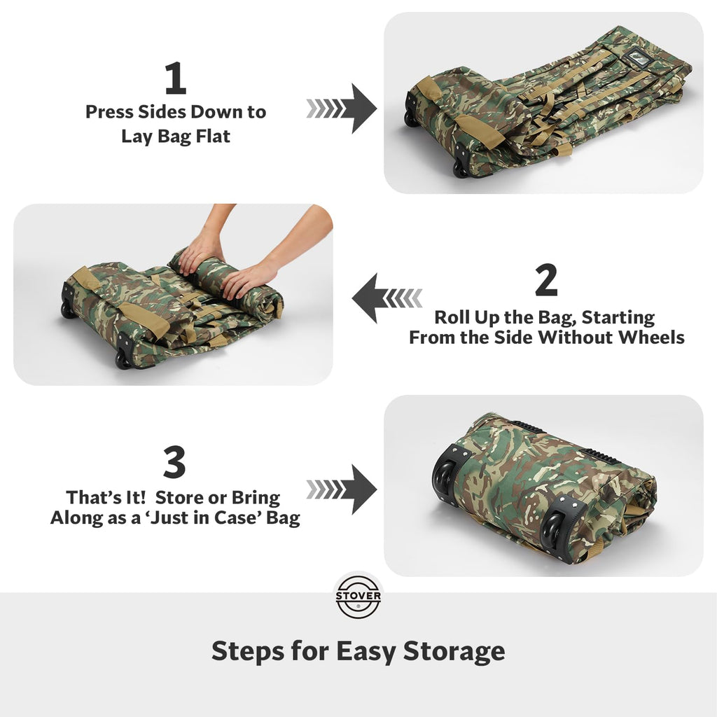 STOVER 45/80/100L Rolling Duffel Bag with Wheels, X-Large Durable Travel Duffle + Toiletry Bag, Heavy Duty, Packable with Shoulder Straps- Use as Luggage or Backpack (Camouflage)