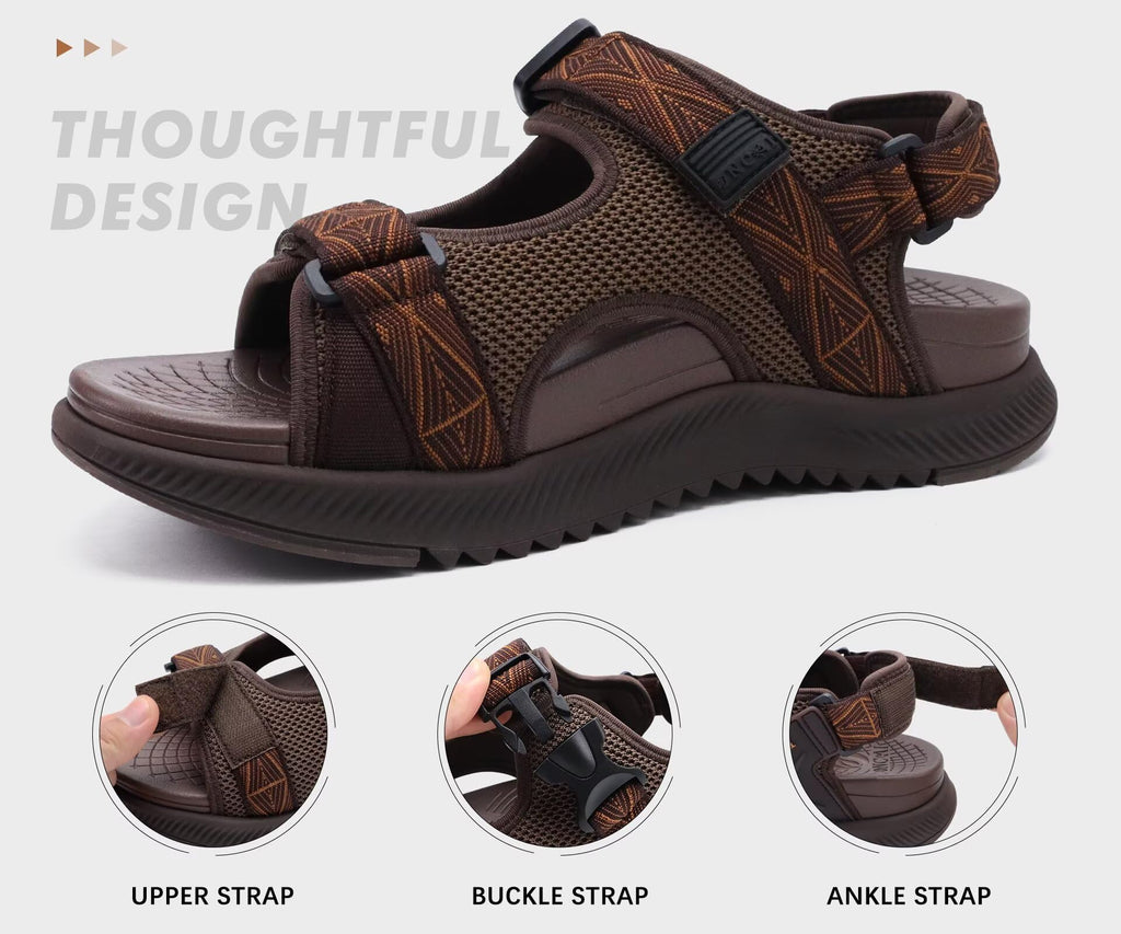 ONCAI Men's Hiking Sandals with Arch Support Mesh Athletic Walking Sandalias Summer Outdoor Cushion Thick Rubber Soles and Recovery Sports Fisherman Sandals Brown Size 10