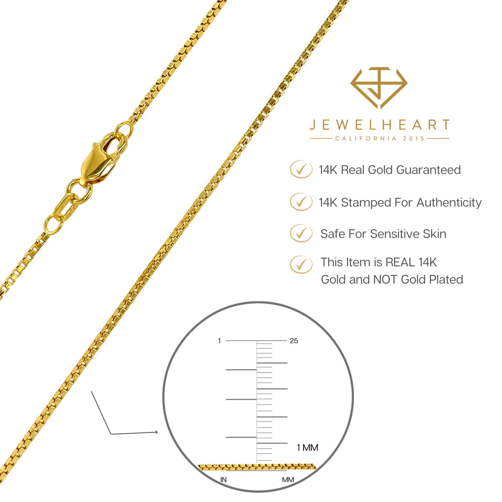 JEWELHEART 14K Real Gold Box Chain - 1mm Diamond Cut Yellow Gold Link Chain Necklace For Men - Dainty Gold Pendant Necklace For Women with Lobster Clasp 24"
