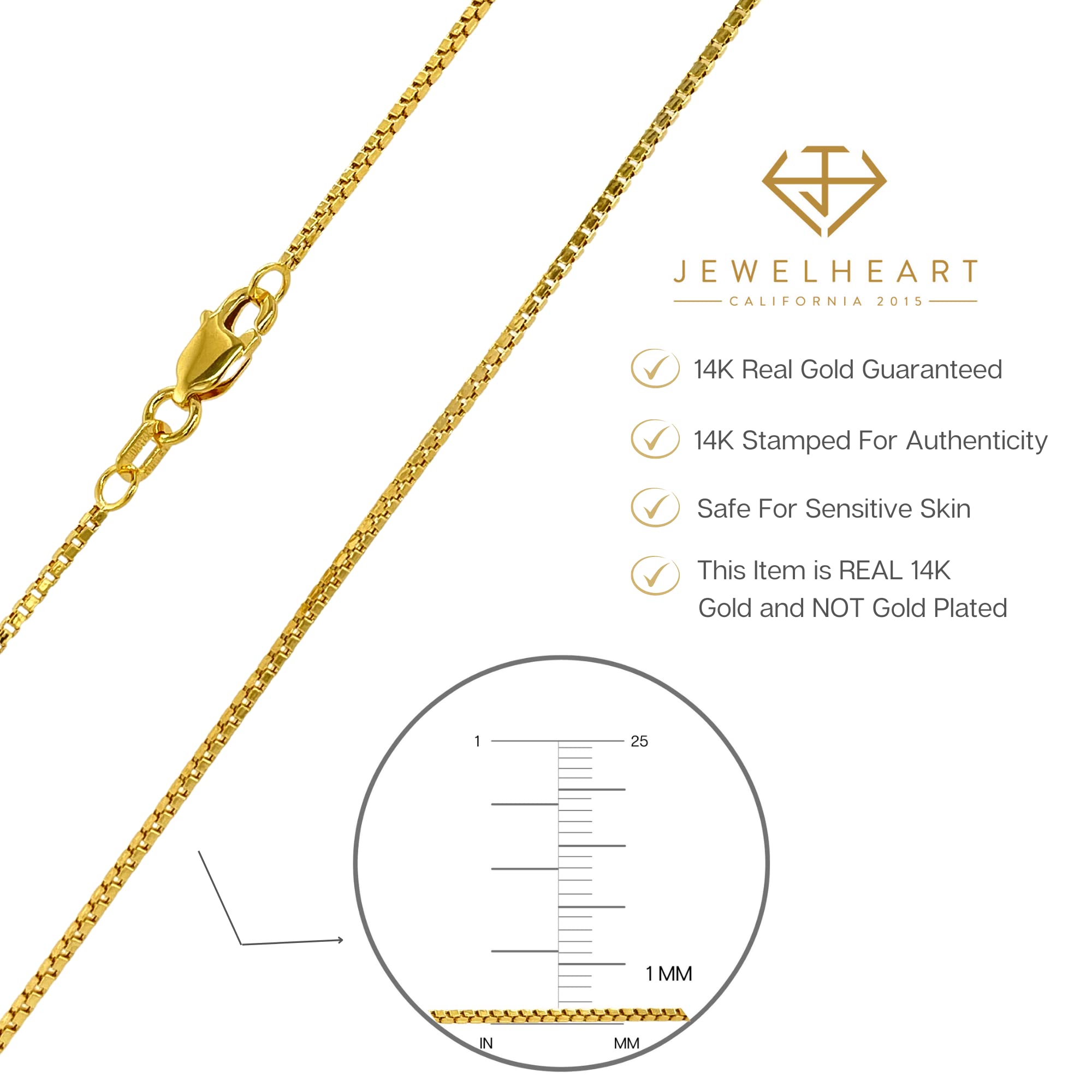 JEWELHEART 14K Real Gold Box Chain - 1mm Diamond Cut Yellow Gold Link Chain Necklace For Men - Dainty Gold Pendant Necklace For Women with Lobster Clasp 24"