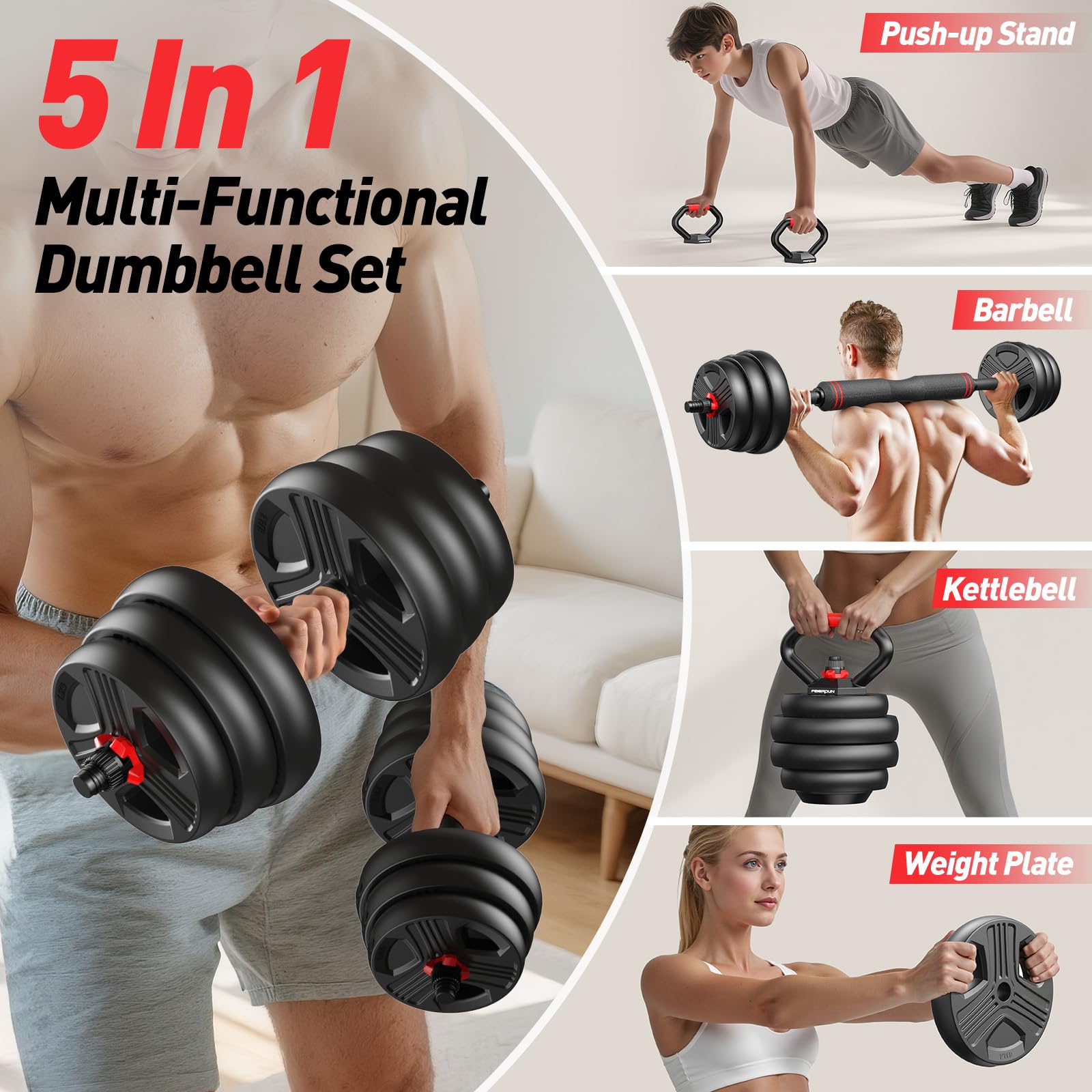 FITPLAM 4 in 1 Adjustable Dumbbell Weight Set, 45lbs Free Weights with Upgraded Nut, Used as Kettlebells, Barbell, Push Up Stand for Home, Gym, Fitness, Exercise, Suitable Men/Women, Black