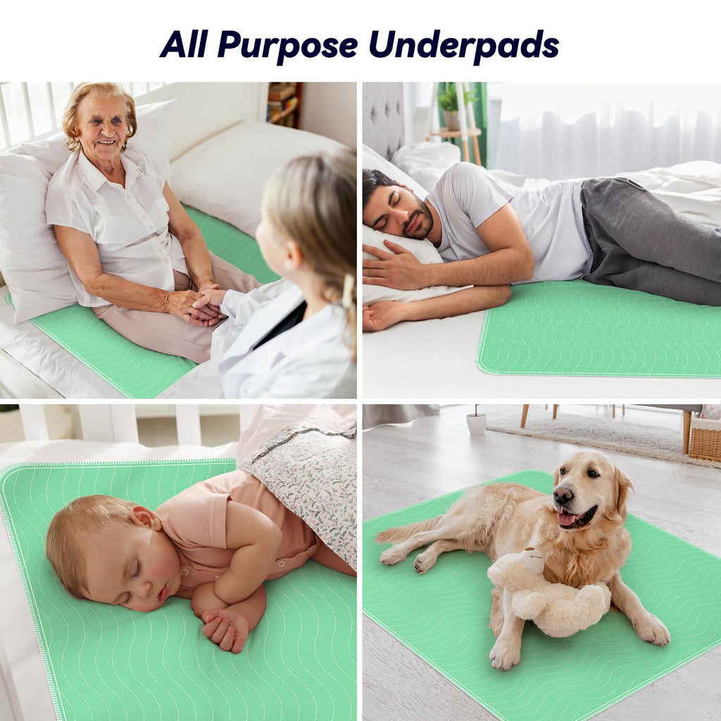 FYGRIP 4 Pack 36” x 36” Extra Heavy Absorbency Washable Underpads, Waterproof Quick Drying Nursing Incontinence Reusable Washable Bed Pee Pads for Dogs, Diaper Changing & Adults, Green