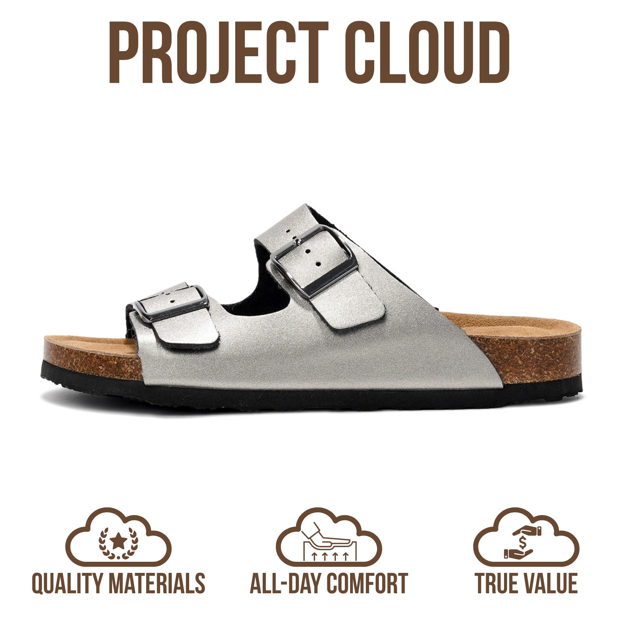 Project Cloud 100% Genuine Leather Flat Sandals For Women 2026 Cork Footbed Womens Sandals with Memory Foam and arch support Vacation Essentials Slides for Women Footwear (Venita, Pewter, 5.5)